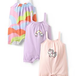 Bonfino 100% Cotton Knit Sleeveless Unicorn & Rainbow Printed Rompers Pack of 3 - Lavender White & Pink-image-48