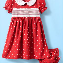 Babyhug Cotton Woven Half Puffed Sleeves Peter Pan Collared Frock with Bloomer & Polka Dots Print - Red-image-34