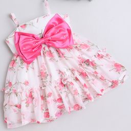 Many frocks & Georgette Sleeveless Floral Printed Bow Applique Detailed & Pearls Embellished Dress - White-image-26