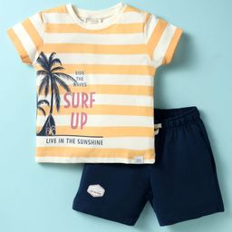 Ollypop Sinker Knit Half Sleeves Striped T-Shirt & Shorts Set with Beach Theme Print - Cream & Black-image-92