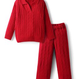 Pine Kids Knit Full Sleeves Solid Collar Neck Sweater Set with Cable Knit Design - Dark Red-picture-2