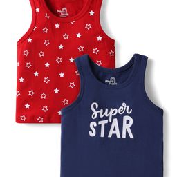 Doodle Poodle 100% Cotton Knit Sleeveless Star Printed Vests Pack of 2 - Red & Navy Blue-image-19