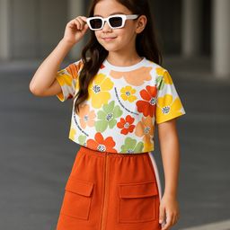 Ollington St.Cotton Knit Half Sleeves Floral Printed Top & Skirt Set - White & Orange-image-63