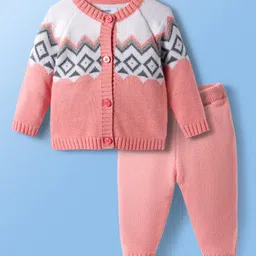 Babyoye Cotton Knit Full Raglan Sleeves Front Open Sweater Set with Fair Isle Design - Pink-picture-6
