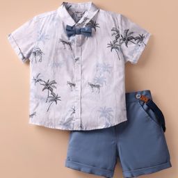 ToffyHouse Poplin Woven Half Sleeves Zebra Printed Shirt & Shorts With Bow & Suspender - White & Blue-image-90