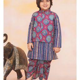 KID1 Cotton Woven Full Sleeves Abstract & Floral Printed Dhoti Kurta With Jacket - Blue & Multi Colour-image-81