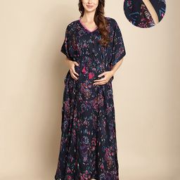 Secret Wish Rayon Woven Half Batwing Sleeves Paisley Printed Maternity Kaftan Nighty With Side Seam Nursing Access - Navy Blue-image-98