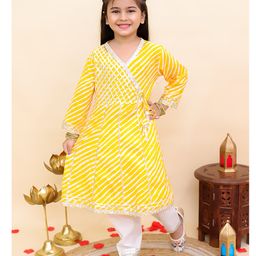 AJ Dezines Cotton Woven Full Sleeves Leheriya Printed & Gota Lace Embellished Kurti Pajama Set - Yellow-image-14