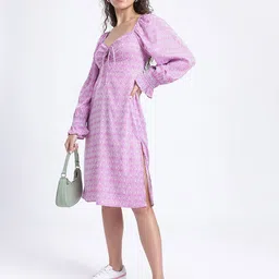 glitchez Slit Style Abstract Smocked Side Slit Crepe A-Line Dress-image-44