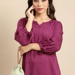Sangria Women Magenta & Golden Woven Design Jacquard Chanderi Silk Kurta-picture-15