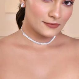 VOJ Silver Plated White Cubical Beads Choker Set with Earrings for Women-23