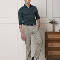 Subtract Beige Polyester Regular fit Checks Formal Trousers-image-23