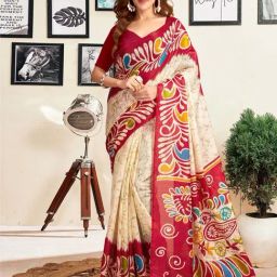 Satrani Cream & Red Printed Saree With Unstitched Blouse-image-0