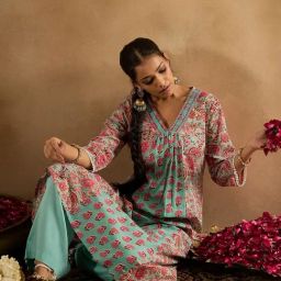 Indo Era Sea Green Cotton Regular Fit Printed Kurta-image-64