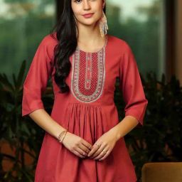 Libas Rust Embroidered A-Line Kurti-image-8