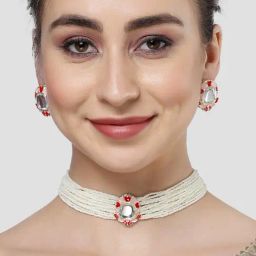 Karatcart Red and Pink Meena White Moti Choker Necklace Set for Women-image-78