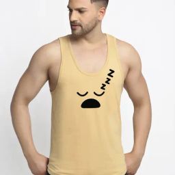 Friskers Beige Cotton Slim Fit Printed Gym Vest-image-9