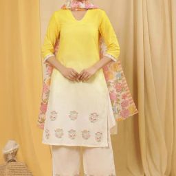 W Yellow & White Cotton Embroidered Kurta Palazzo Set With Dupatta-image-17