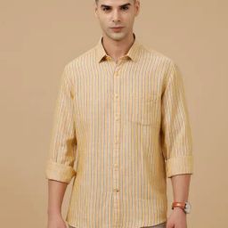 Linen Club Yellow Linen Blend Slim fit Stripes casual shirts-image-68