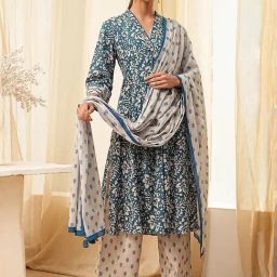 Biba Blue & Beige Cotton Kurta and Pant with Dupatta-image-63