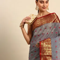 WoodenTant Grey & Red Woven Design Pure Cotton Taant Saree-image-79