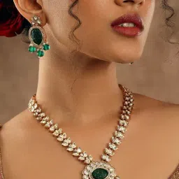 Curio Cottage Emerald Carved Polki Necklace Set-picture-12