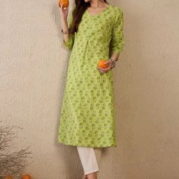 Indo Era Green Cotton Regular Fit Printed Kurta-picture-35