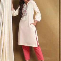 Biba Cream Embroidered Kurta-image-2