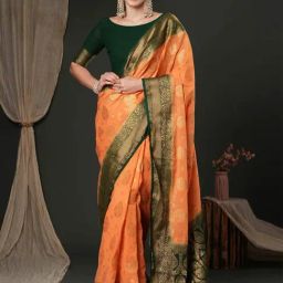 Saree Mall Peach & Black Woven Saree With Unstitched Blouse-image-74
