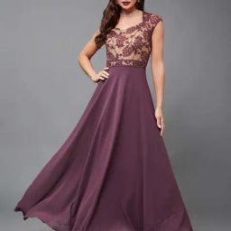 Miss Chase Mauve Sweetheart Neck Raglan Sleeve Self Designed Fit & Flare Georgette Maxi Dress-image-87
