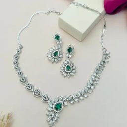 Abdesigns Silver Cubic Zirconia American Diamond Necklace & Earring Set-36