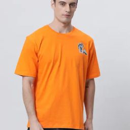 Kryptic Orange Relaxed Fit Printed Oversized Crew T-Shirt-image-8