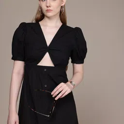 French Connection V-Neck Puff Sleeves Cut-Outs Pure Cotton A-Line Midi Dress-image-47