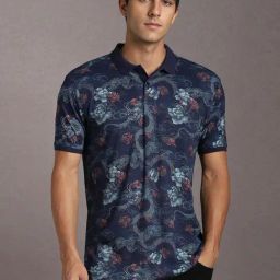 Louis Philippe Navy Cotton Slim Fit Printed Polo T-Shirt-image-54
