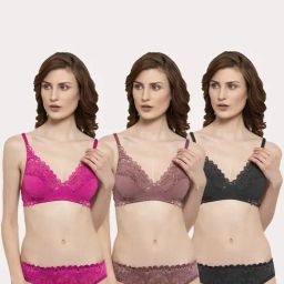 AROUSY Pink & Black Self Pattern Bra Panty Set - Pack Of 3-image-84