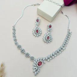 Abdesigns Silver Cubic Zirconia American Diamond Necklace & Earring Set-20