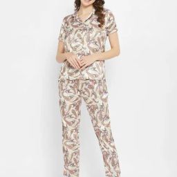 Clovia Beige Printed Shirt Pyjamas Set-image-18