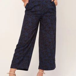 Moomaya Black & Blue Floral Print Mid Rise Culottes-image-99