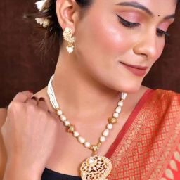 VOJ Gold Plated and White Pearl Handcarfted necklace with Earrings Set for Women-image-68