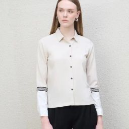 Iconic Beige Collared Neck Lace Patch Colorblock Shirt-image-12