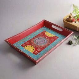 Aapno Rajasthan Red & Blue Wooden Serving Tray-12