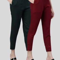 Kryptic Green & Maroon Mid Rise Pants - Pack Of 2-image-55