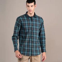 Cantabil Teal Blue Cotton Regular Fit Checks Shirt-image-56