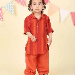 Fabindia Kids Red Cotton Regular Fit Striped Kurta & Pant-image-66