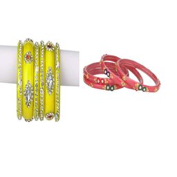 SOMIL Set of 10 Yellow Alloy Artificial Stones & Beads Bangles-image-80