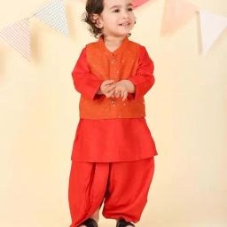 Fabindia Kids Red Regular Fit Kurta & Dhoti & Jacket-image-80