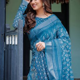 all about you Ethnic Motifs Zari Pure Linen Block Print Saree image 4