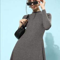 KASSUALLY Grey Knitted Cotton A-Line Dress-image-5