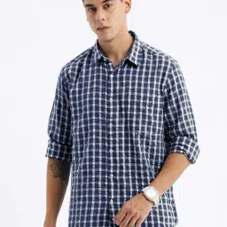 showoffff Showoff Navy Blue Cotton Slim Fit Checkered Shirt-picture-43