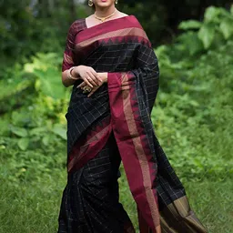 Aldwych Woven Design Checked Zari Banarasi Saree-3